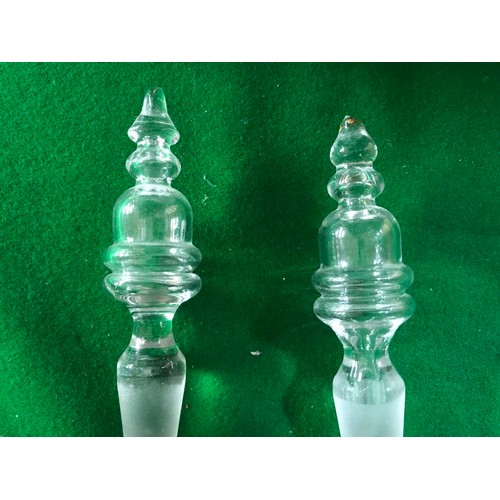 789 - PAIR OF VINTAGE GREEN GLASS DECANTERS - MARY GREGORY - A/F STOPPER SLIGHT - 28CMS H