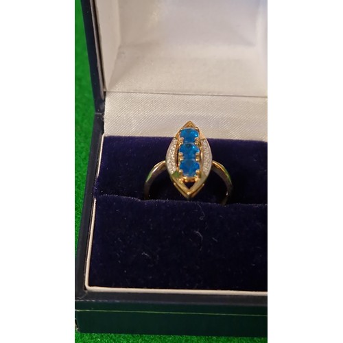 9 - BEAUTIFUL 9CT GOLD RING SET APATITE & DIAMONDS - 3.1GRMS OVERALL - SIZE N 1/2