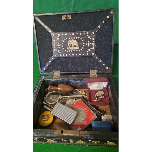 12 - QUILL BOX WITH INTERESTING ITEMS INC COINS, JEWELLERY ETC - BOX MEASURES 21CMS X 17CMS