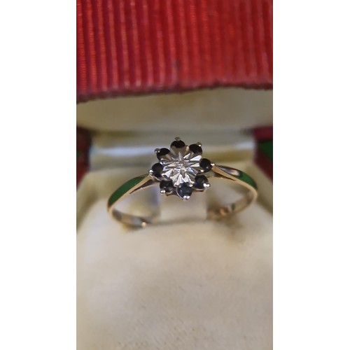 19 - VERY PRETTY 9CT GOLD RING SET SAPHIRES & DIAMONDS - RING SIZE T