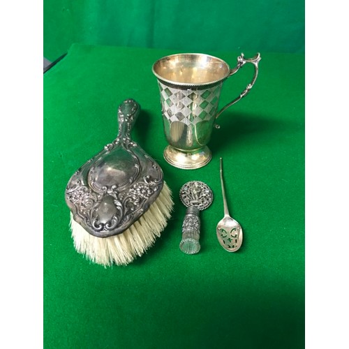 32 - 3 X PLATED ITEMS AND SILVER HAIR BRUSH