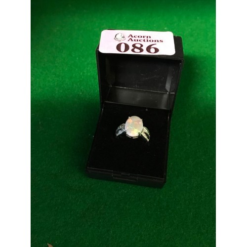 86 - PRETTY 9CT WHITE GOLD RING SET FIERY OPAL & DIAMONDS - RING SIZE N - APPROX 3.5GRMS OVERALL