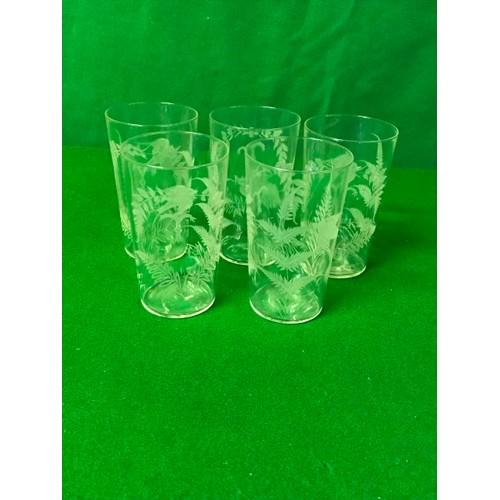 295 - 5 X LOVLEY GLASS TUMBLERS - ETCHED WITH  FERNS & SWALLOW & LEAVES & 1944