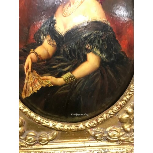 360 - HEAVILY GILT FRAMED OIL ON BOARD OF A WOMAN - SIGNED M PAULEY - 35CMS X 40CMS