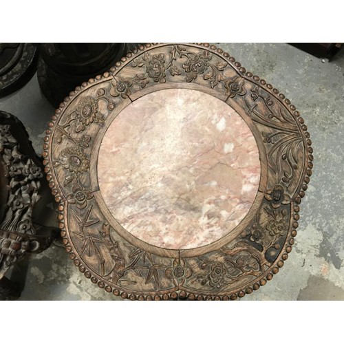 438 - LOVELY PAIR OF HIGHLY CARVED TABLES WITH MARBLE TOPS - 50CMS H X DIAM AT TOP 42CMS - COLLECTION ONLY... 