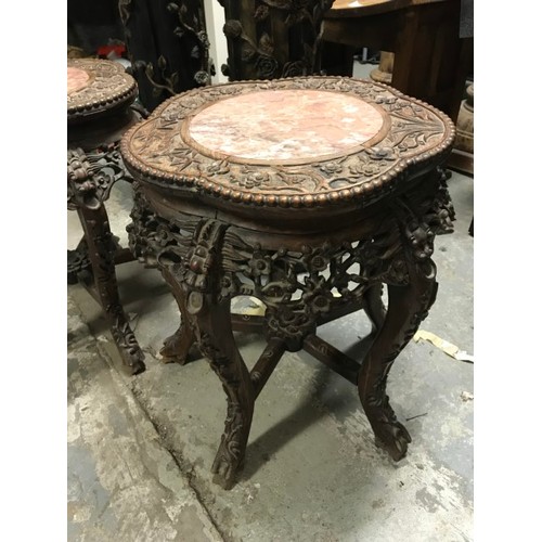 438 - LOVELY PAIR OF HIGHLY CARVED TABLES WITH MARBLE TOPS - 50CMS H X DIAM AT TOP 42CMS - COLLECTION ONLY... 