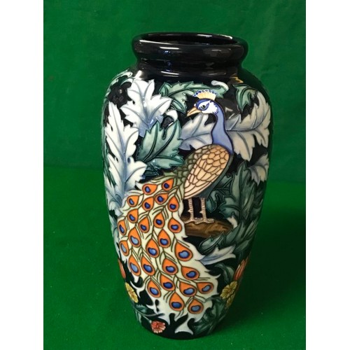 455 - BOXED LARGE OLD TUPTON WARE VASE WITH PEACOCK DESIGN - 29CMS H