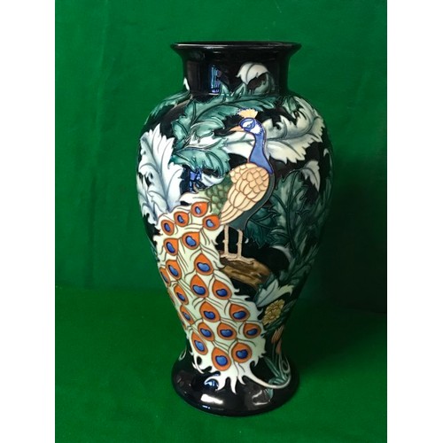 473 - LARGE BOXED TUPTON WARE VASE DECORATED WITH PEACOCKS - STANDS 38CMS H