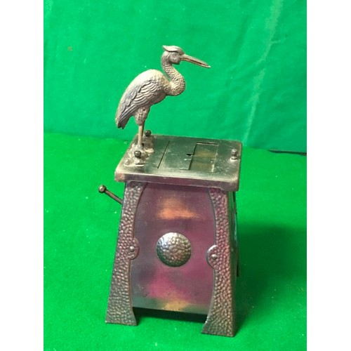 495 - STUNNING ARTS & CRAFTS METAL CIGARETTE DISPENSAR - WHEN DISPENSAR TOP OPENS THE STORK BENDS DOWN & P... 