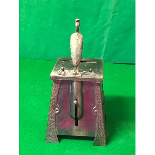 495 - STUNNING ARTS & CRAFTS METAL CIGARETTE DISPENSAR - WHEN DISPENSAR TOP OPENS THE STORK BENDS DOWN & P... 