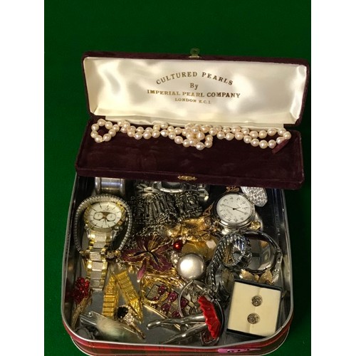 614 - NICE BOX OF COSTUME JEWELLERY INC SET OF PEARLS, WATCHES ETC