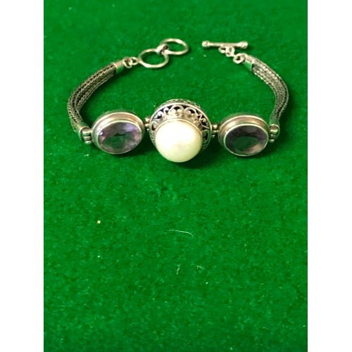 662 - SILVER BRACELET SET AMETHYST & BLISTER PEARLS - OVERALL WEIGHT 20GRMS