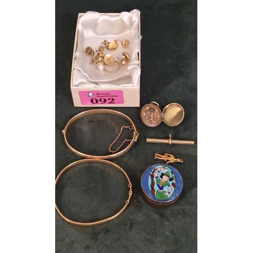 92 - 2 X 9CT ROLLED GOLD BANGLES, MOURNING LOCKET, SOME GOLD EARINGS, PRETTY BOX, CHARM ETC