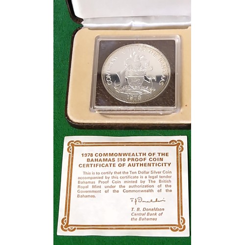 122 - CASED 1978 COMMENWEALTH OF THE BAHAMAS 10 DOLLAR SILVER PROOF COIN WITH CERT