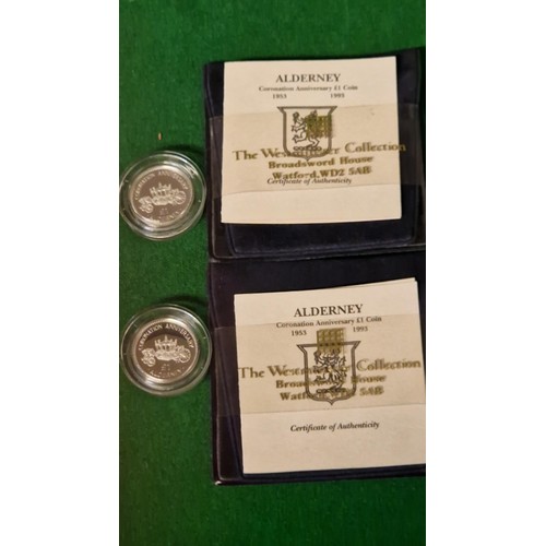 135 - 2 X CASED ALDERNEY CORONATION ANNIVERSARY £1 COINS WITH CERTS