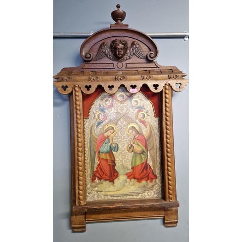 1 - ANTIQUE RELIGIOUS PAINTED PANEL IN A BEAUTIFUL CARVED WOOD PEDIMENT - OVERALL 80CMS X 130CMS - COLLE... 