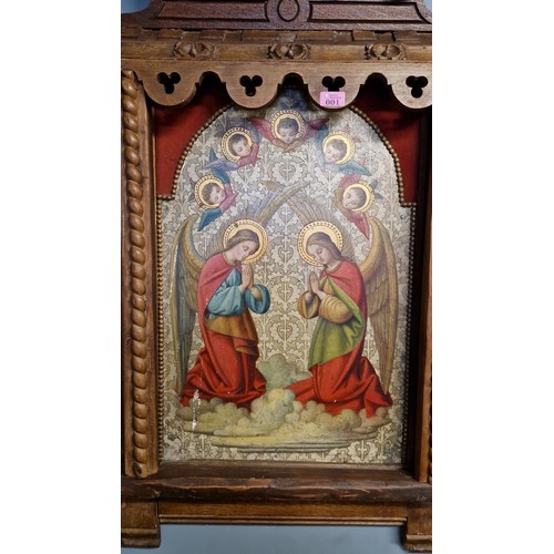 1 - ANTIQUE RELIGIOUS PAINTED PANEL IN A BEAUTIFUL CARVED WOOD PEDIMENT - OVERALL 80CMS X 130CMS - COLLE... 
