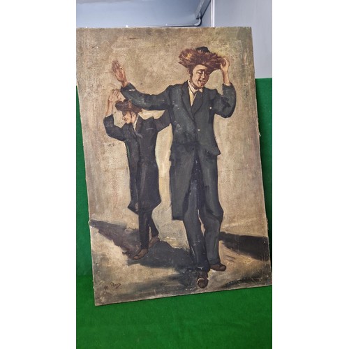 8 - LOVELY UNFRAMED OIL ON CANVAS OF TWO JEWISH MEN DANCING - SIGNED BY ARTIST - 50CMS X 75CMS