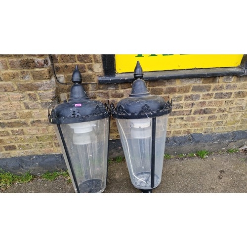 31 - PAIR OF VERY LARGE METAL AND PERSPEX OUTSIDE LANTERNS - 115CMS H - ELECTRICAL ITEMS SHOULD BE CHECKE... 