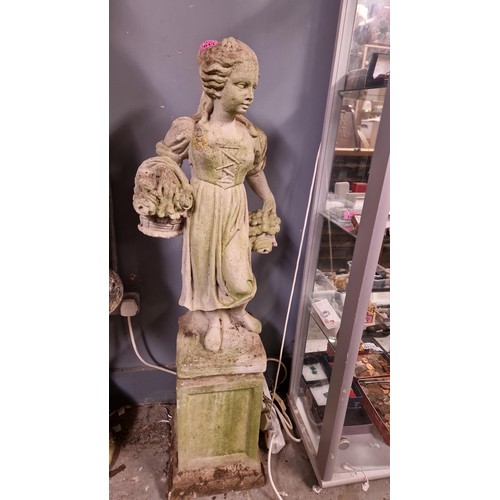 49 - LOVELY GARDEN STATUE ON PLINTH OF A WOMAN WITH A BASKET  - STANDS 115CMS - COLLECTION ONLY OR ARRANG... 