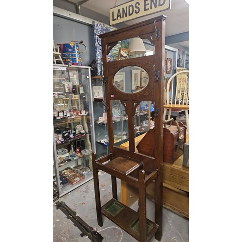 56 - LOVELY VINTAGE HALL STAND WITH DRIP TRAYS , COAT HOOKS & MIRROR TO CENTRE - 64CMS X 192 CMS H - COLL... 
