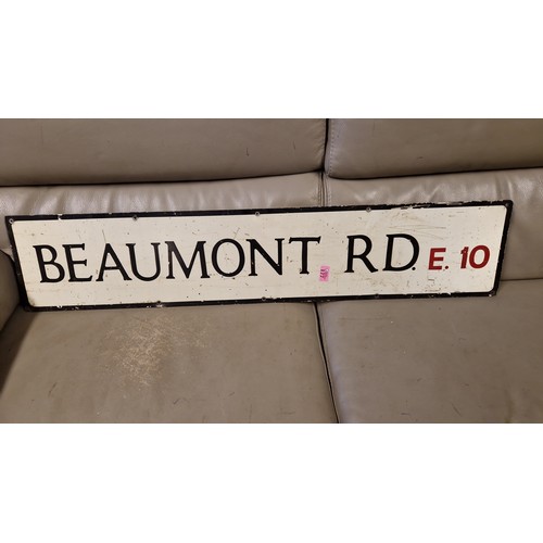 177 - ORIGINAL METAL STREET SIGN FOR BEAUMONT ROAD, LEYTON E10 - 112CMS X 23CMS -