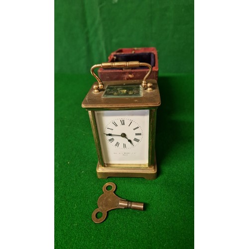 74 - LOVELY FRENCH PARIS SMALL CARRIAGE CLOCK WITH ENAMEL FACE & GLASS VIEWING PANELS TO SIDE & TOP. LEAT... 