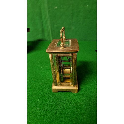 74 - LOVELY FRENCH PARIS SMALL CARRIAGE CLOCK WITH ENAMEL FACE & GLASS VIEWING PANELS TO SIDE & TOP. LEAT... 