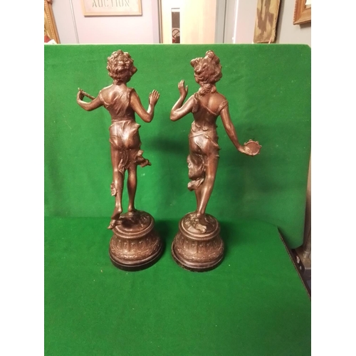 367 - PAIR OF LARGE VINTAGE BRONZED SPELTER FIGURES - STANDS 58CMS