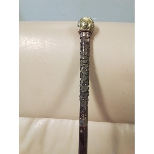 370 - VINTAGE WALKING CANE WITH CARVED DETAIL TO END AND MARBLE TOP - 80CMS L