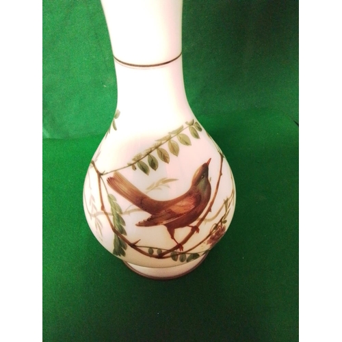 376 - EARLY OIL LAMP DECORATED WITH BIRD AND FLORA - 65CMS H - COLLECTION ONLY OR ARRANGE OWN COURIER