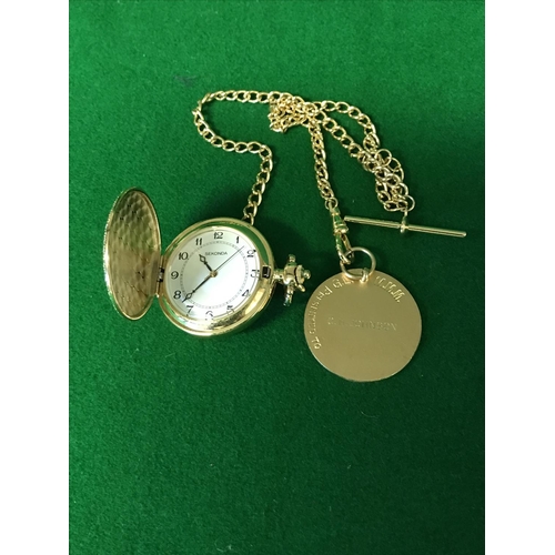 410 - GOLD PLATED POCKET WATCH & CHAIN - WATCHES & CLOCKS ARE NOT TESTED