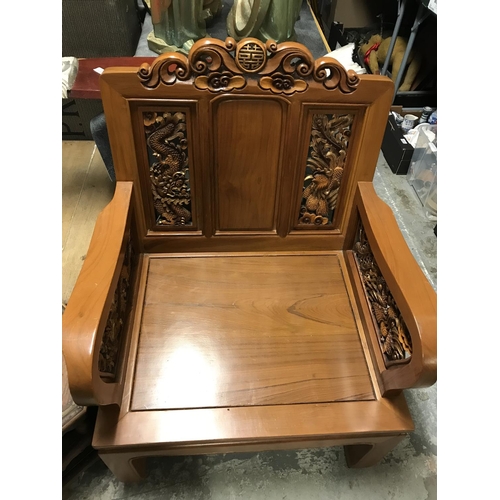 465 - LARGE WOODEN ORIENTAL CHAIR WITH DETAILED CARVING OF SERPENT & BIRD - COLLECTION ONLY OR ARRANGE OWN... 