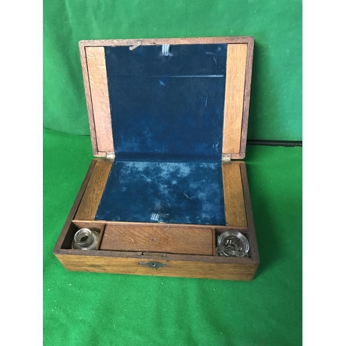 491 - NICE WOODEN VINTAGE WRITING BOX WITH ORNATE METAL HINGES - 29CMS X 20CMS X 10CMS H -