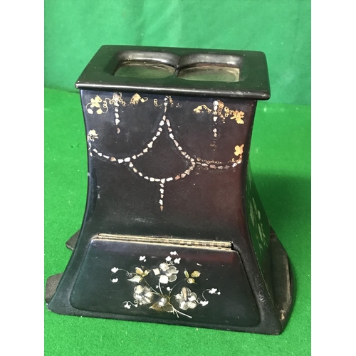 582 - EARLY BLACK LACQUERED STEREOSCOPE WITH RAISED FLOWERS & MOTHER OF PEARL INLAY