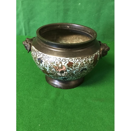 616 - BRONZE ORIENTAL BOWL WITH ENAMEL DECORATION AND MARK TO BASE - 15CMS H X 16CMS DIAM