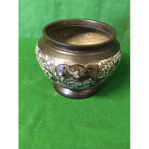 616 - BRONZE ORIENTAL BOWL WITH ENAMEL DECORATION AND MARK TO BASE - 15CMS H X 16CMS DIAM