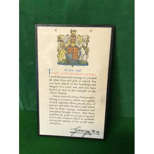 628 - FRAMED & GLAZED JUNE 1946 VE DAY MESSAGE - 16CMS X 28CMS