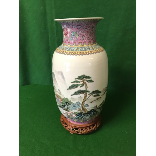 629 - ORIENTAL VASE - MARK TO BASE - WITH WOODEN STAND - 36CMS H