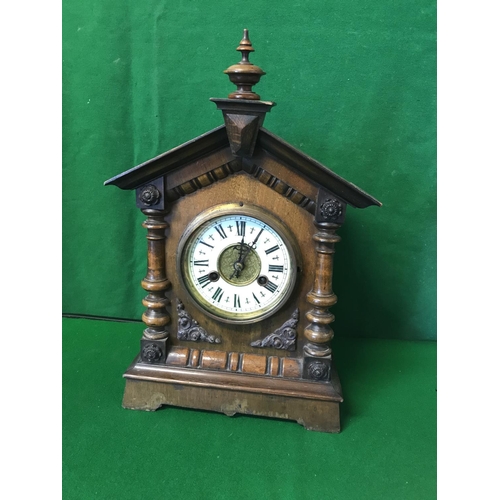 636 - EARLY MANTLE CLOCK WITH DECDORATIVE ENAMEL DIAL - OVERALL 28CMS X 42CMS H - CLOCKS AND WATCHES ARE N... 