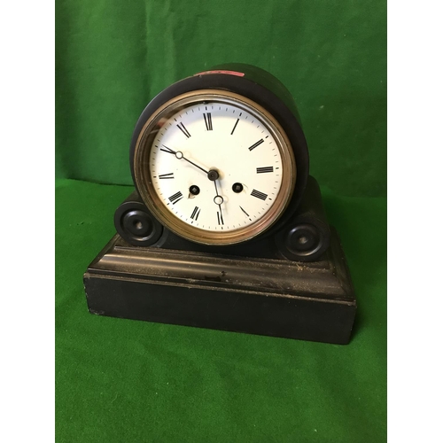 637 - UNUSUAL HEAVY SLATE MANTLE CLOCK WITH ENAMEL FACE - 26CMS WIDE X 24CMS H - CLOCKS AND WATCHES ARE NO... 