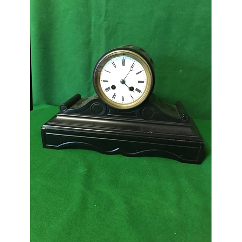 639 - UNUSUAL SLATE MANTLE CLOCK WITH ENAMEL FACE - 36CMS X 22CMS - CLOCKS AND WATCHES ARE NOT TESTED