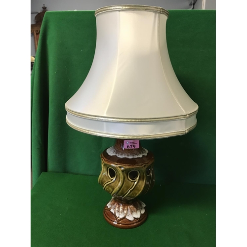 679 - 1970s POTTERY LAMP - 50CMS TO TOP OF SHADE - ELECTRICAL ITEMS SHOULD BE CHECKED BY A QUALIFIED ELECT... 