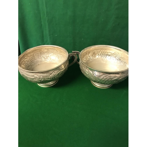 713 - PAIR OF VINTAGE ORNATE PLATED PUNCH BOWLS - 17CMS H X 26CMS DIAM