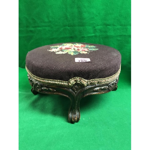 789 - EARLY FOOOTSTOOL WITH NEEDLEWORK TOP - 16CMS H X 30CMS DIAM