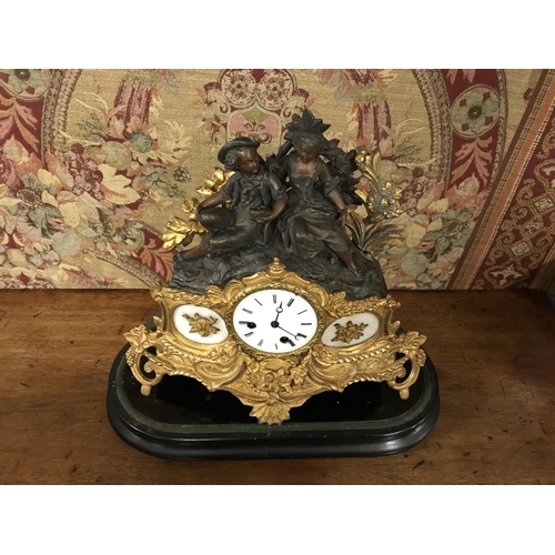 836 - ANTIQUE CLOCK WITH ENAMEL FACE - UNDER GLASS DOME - OVERALL HEIGHT 42CMS - KEY AND PENDULUM & SMALL ... 