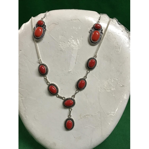 876 - 925 SILVER & CORAL NECKLACE & EARINGS