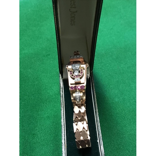 908C - STUNNING 14K BULOVA WATCH SET RUBIES & DIAMONDS - MANUAL HAND WIND - AR5T DECO STYLE - GOLD BRACELET... 