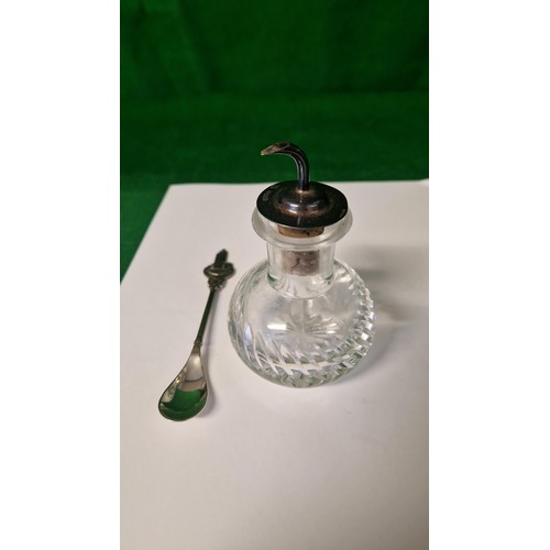 116 - VINTAGE BITTERS GLASS BOTTLE WITH SILVER HALLMARKED TOP & SPOON