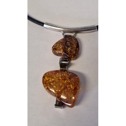 98 - SILVER & AMBER LEATHER NECKLACE